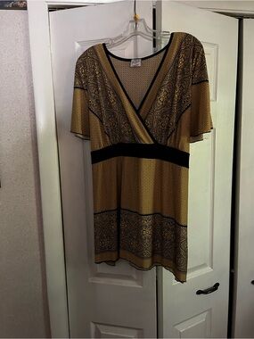 Fashion Bug Yellow and Black Faux-Wrap Tunic Top